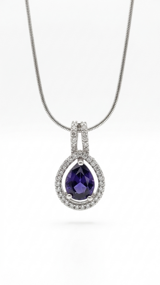 American Diamond Teardrop Pendant Necklace for Women | Silver Polished Brass Pendant with Chain | Elegant Party Jewelry