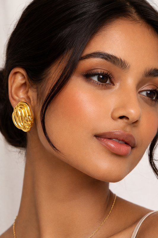 Gold Polished Wave Sculpted Stainless Steel Earrings for Women