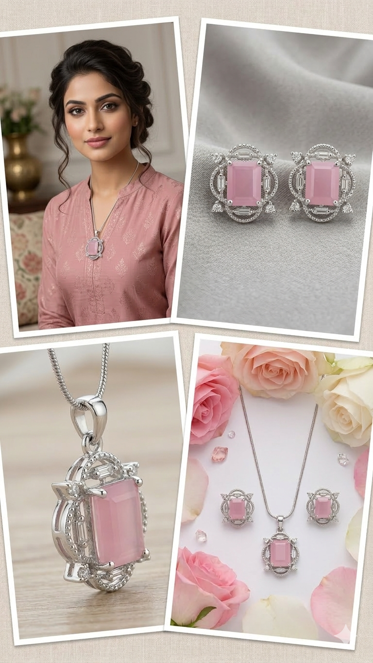 Elegant Pink American Diamond Pendant Set for Women | Silver Polished Brass Jewelry Set with Matching Earrings | Premium Designer Party & Wedding Necklace Set
