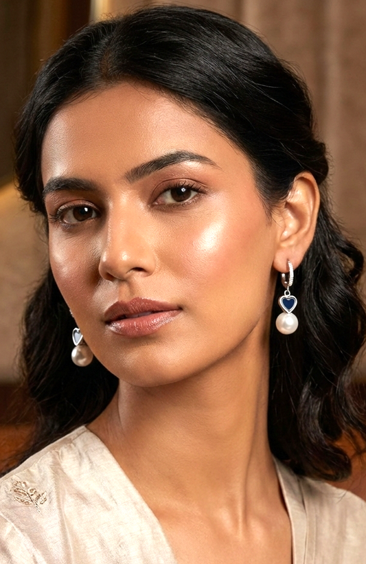 Pearl Drop Earrings with Black Enamel Heart, Silver Color Huggie Hoop Dangle Earrings