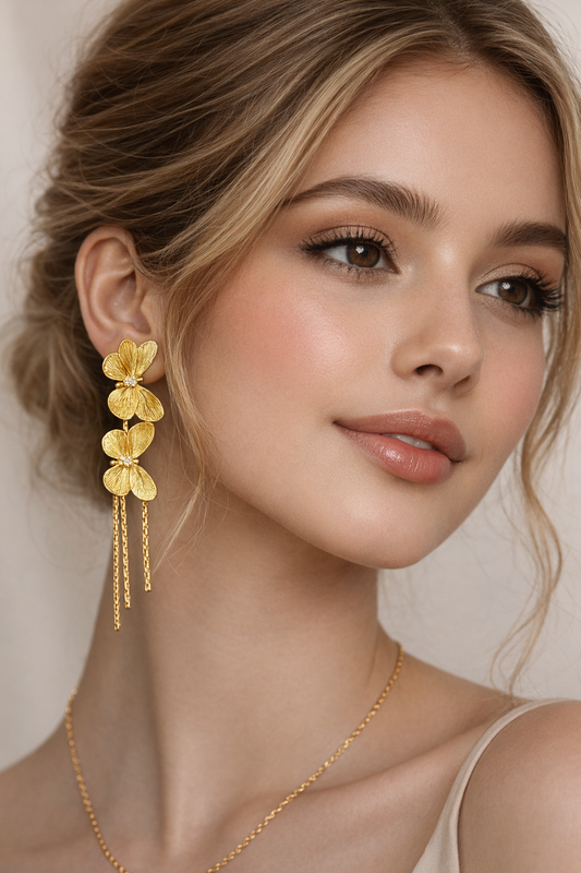 Gold Polished Floral Drop Earrings for Women