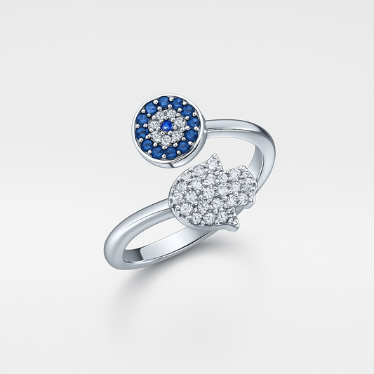 Blue Aura Hamsa Ring 925 Silver Ring