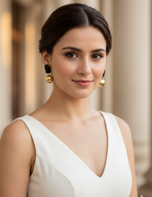 Woman wearing a white dress with gold earrings against a blurred architectural background