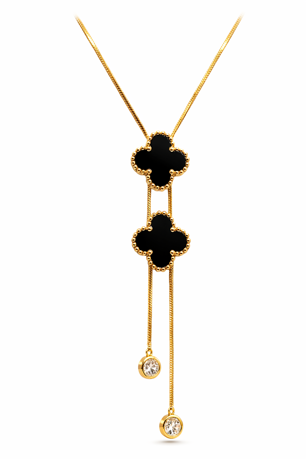 Gold Plated Clover Pendant Necklace for Women, Black Enamel with Crystal Drop Charms