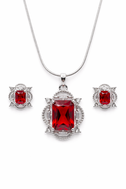 Elegant Pink American Diamond Pendant Set for Women | Silver Polished Brass Jewelry Set with Matching Earrings | Premium Designer Party & Wedding Necklace Set