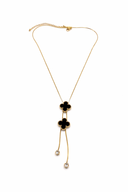 Gold Plated Clover Pendant Necklace for Women, Black Enamel with Crystal Drop Charms