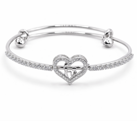 AD Heart Bracelet for Women | CZ Studded Adjustable Brass Bangle | Silver-Tone Heart Charm Bracelet