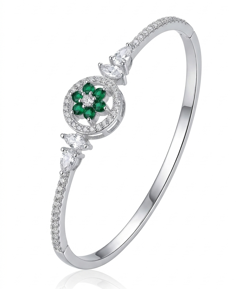 American Diamond Silver Polish Bracelet for Women | Premium Brass Kada | Elegant AD Stone Bangle | Adjustable Luxury Bracelet