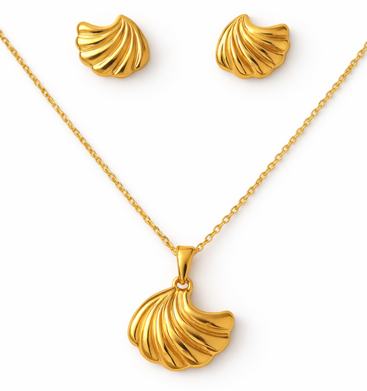Gold Polished Seashell Pendant Necklace & Stud Earrings Set – Stainless Steel Jewelry for Women