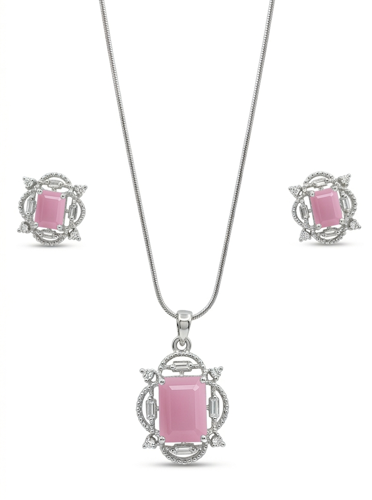 Jewelry set with pink gemstone pendant and earrings on a white background