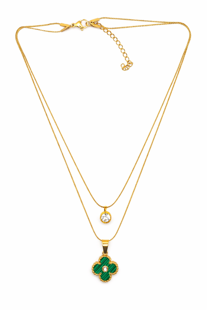 Gold Plated Clover Pendant Necklace for Women | Anti Tarnish Stainless Steel Double Layer Necklace | Green Clover Charm Pendant | Trendy Minimal Jewelry Gift for Girls & Women