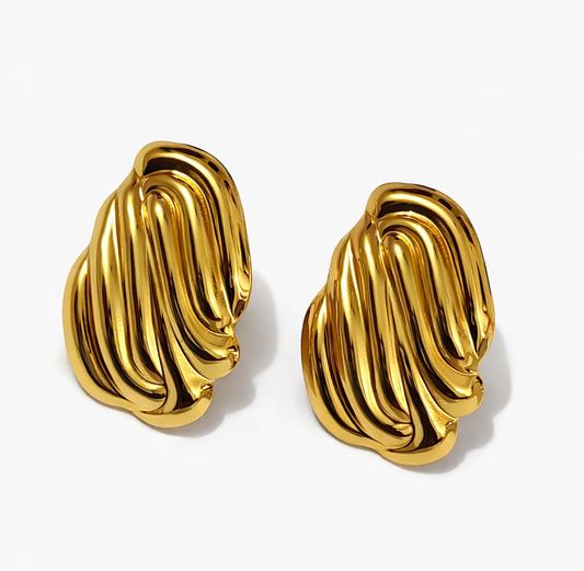Gold Polished Wave Sculpted Stainless Steel Earrings for Women