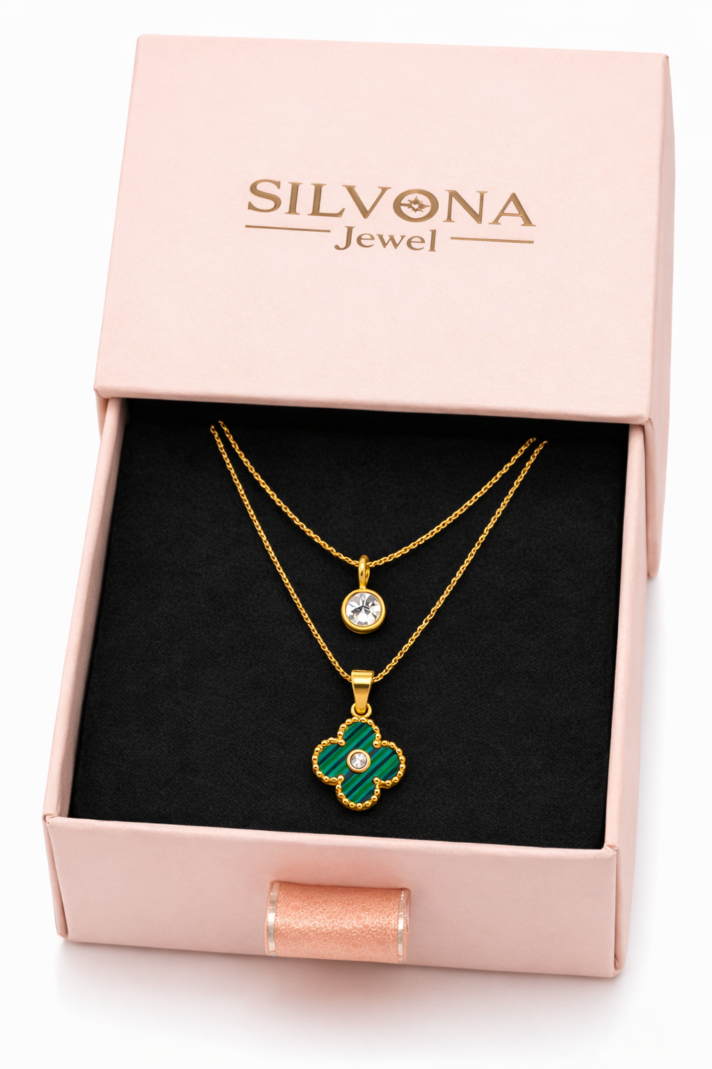 Gold Plated Clover Pendant Necklace for Women | Anti Tarnish Stainless Steel Double Layer Necklace | Green Clover Charm Pendant | Trendy Minimal Jewelry Gift for Girls & Women