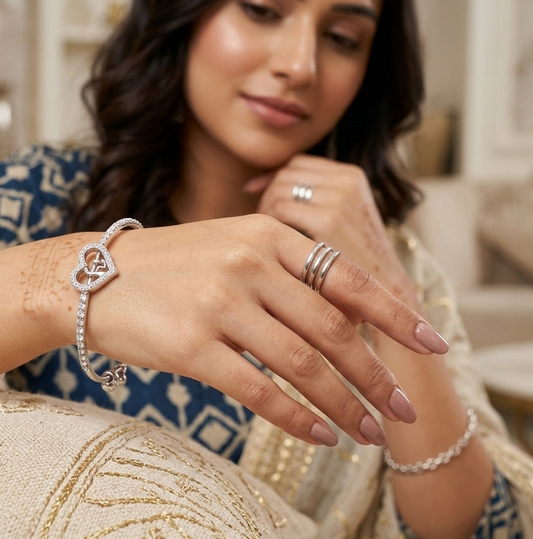 AD Heart Bracelet for Women | CZ Studded Adjustable Brass Bangle | Silver-Tone Heart Charm Bracelet