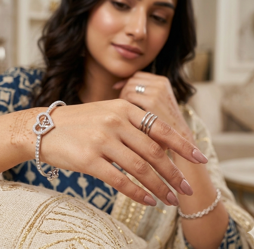 AD Heart Bracelet for Women | CZ Studded Adjustable Brass Bangle | Silver-Tone Heart Charm Bracelet