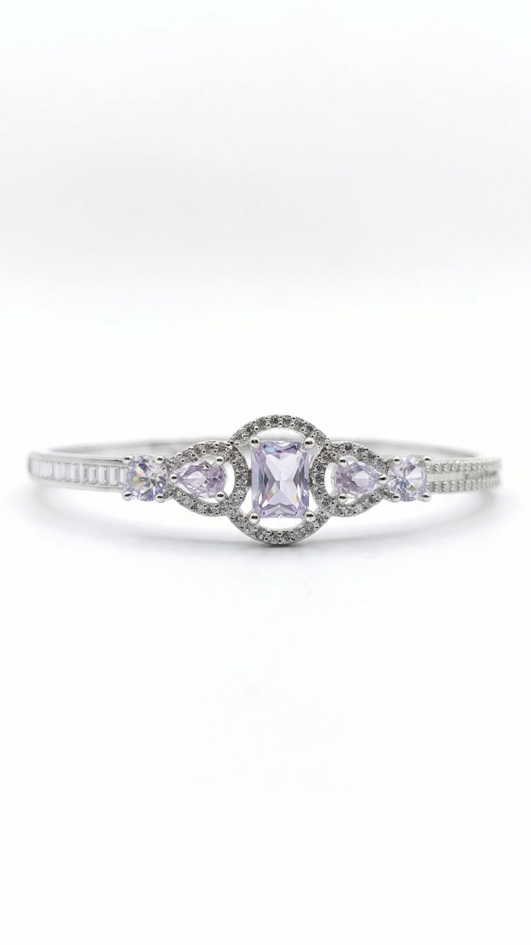 American Diamond Silver Polish Bracelet for Women | Premium Brass Kada | Elegant AD Stone Bangle | Adjustable Luxury Bracelet