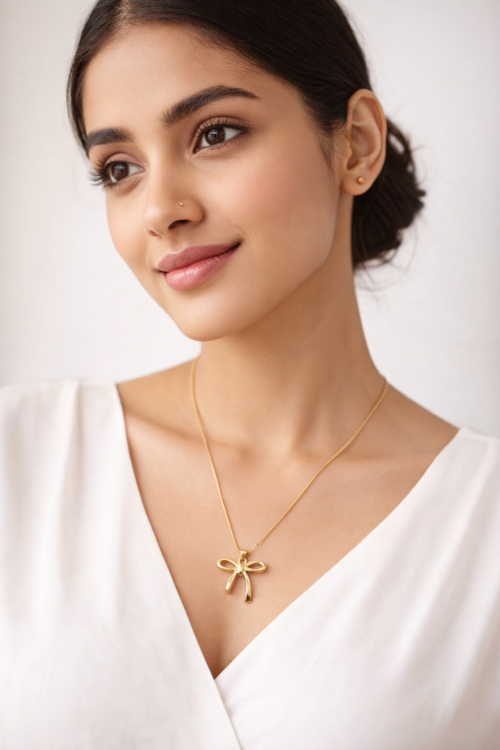 Gold Plated Bow Pendant Necklace with Chain, Hypoallergenic, Adjustable