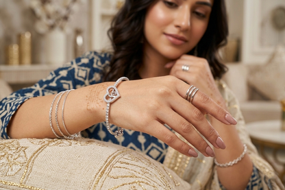 AD Heart Bracelet for Women | CZ Studded Adjustable Brass Bangle | Silver-Tone Heart Charm Bracelet