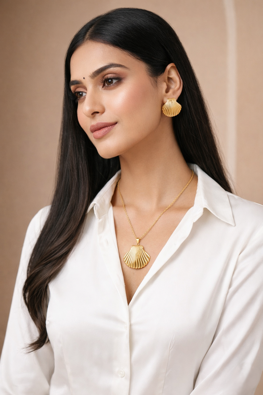 Silvona Jewel Gold Seashell Necklace and Earrings Set, Hypoallergenic, Anti-Tarnish, Waterproof Jewelry