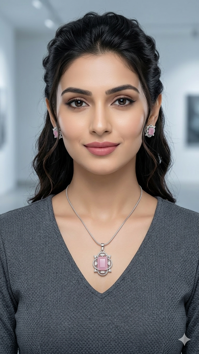 Elegant Pink American Diamond Pendant Set for Women | Silver Polished Brass Jewelry Set with Matching Earrings | Premium Designer Party & Wedding Necklace Set