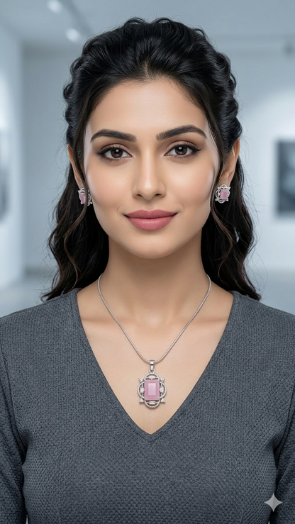 Elegant Pink American Diamond Pendant Set for Women | Silver Polished Brass Jewelry Set with Matching Earrings | Premium Designer Party & Wedding Necklace Set