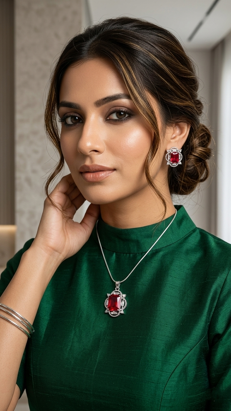 Elegant Pink American Diamond Pendant Set for Women | Silver Polished Brass Jewelry Set with Matching Earrings | Premium Designer Party & Wedding Necklace Set