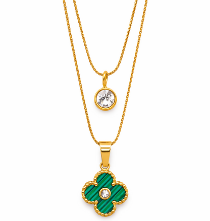 Gold Plated Clover Pendant Necklace for Women | Anti Tarnish Stainless Steel Double Layer Necklace | Green Clover Charm Pendant | Trendy Minimal Jewelry Gift for Girls & Women