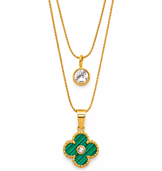 Gold Plated Clover Pendant Necklace for Women | Anti Tarnish Stainless Steel Double Layer Necklace | Green Clover Charm Pendant | Trendy Minimal Jewelry Gift for Girls & Women