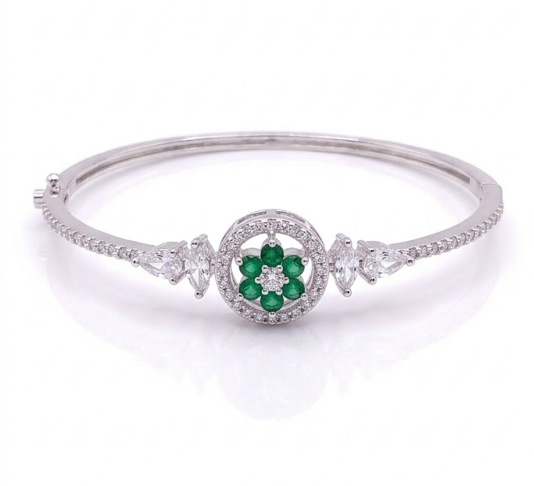 American Diamond Silver Polish Bracelet for Women | Premium Brass Kada | Elegant AD Stone Bangle | Adjustable Luxury Bracelet