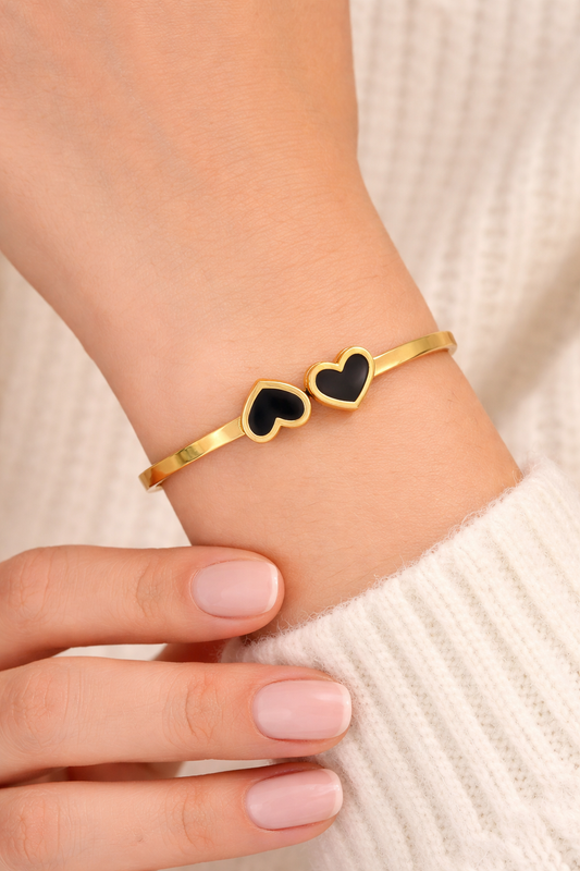 Gold Heart Enamel Bangle – Anti Tarnish Stainless Steel Bracelet for Women