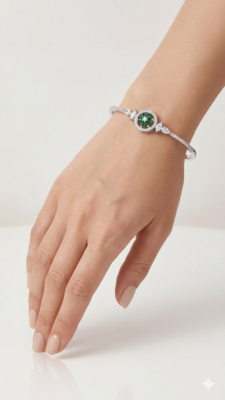 American Diamond Silver Polish Bracelet for Women | Premium Brass Kada | Elegant AD Stone Bangle | Adjustable Luxury Bracelet