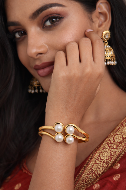 Silvona Jewel Gold-Plated Pearl Bracelet for Women, Anti-Tarnish Open Cuff Bangle
