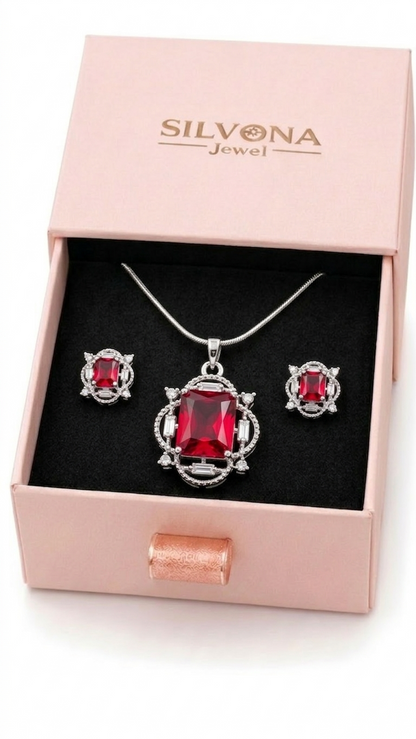 Elegant Pink American Diamond Pendant Set for Women | Silver Polished Brass Jewelry Set with Matching Earrings | Premium Designer Party & Wedding Necklace Set