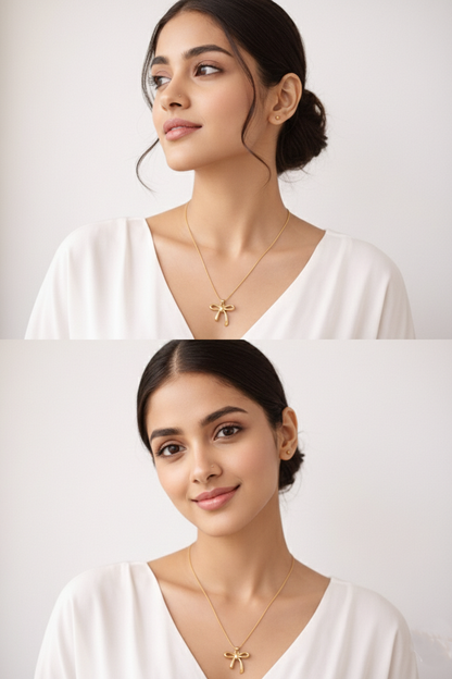 Gold Plated Bow Pendant Necklace with Chain, Hypoallergenic, Adjustable