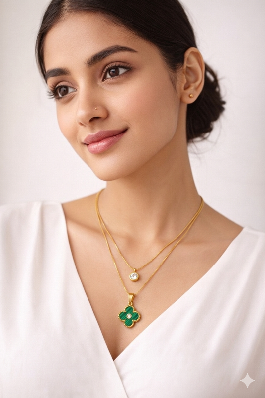 Gold Plated Clover Pendant Necklace for Women | Anti Tarnish Stainless Steel Double Layer Necklace | Green Clover Charm Pendant | Trendy Minimal Jewelry Gift for Girls & Women Search this page