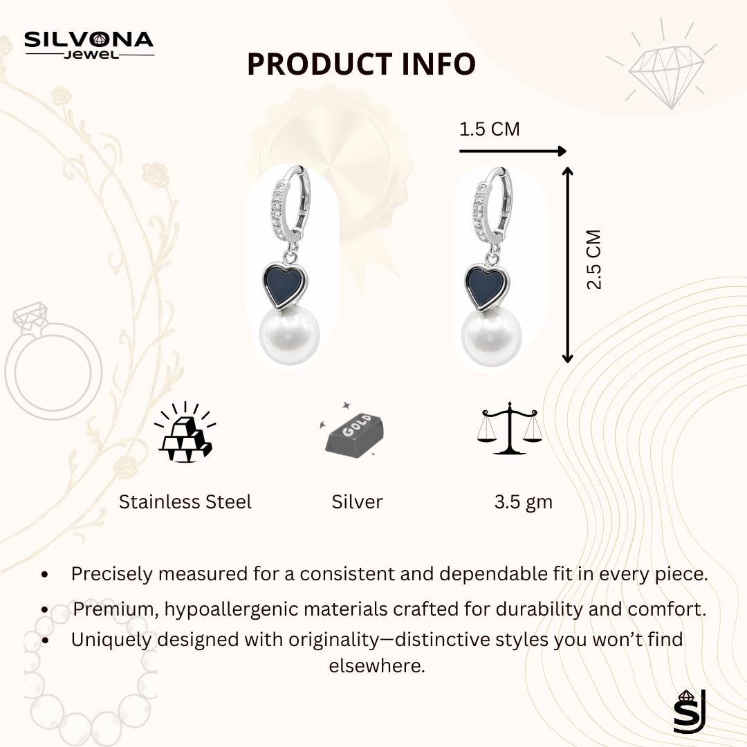 Pearl Drop Earrings with Black Enamel Heart, Silver Color Huggie Hoop Dangle Earrings