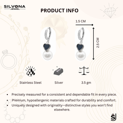 Pearl Drop Earrings with Black Enamel Heart, Silver Color Huggie Hoop Dangle Earrings