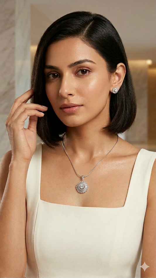 Silvona American Diamond Sunburst Pendant Necklace for Women | Anti-Tarnish Brass AD Crystal Pendant with Silver Finish Chain | Elegant Minimal Jewellery for Girls & Women