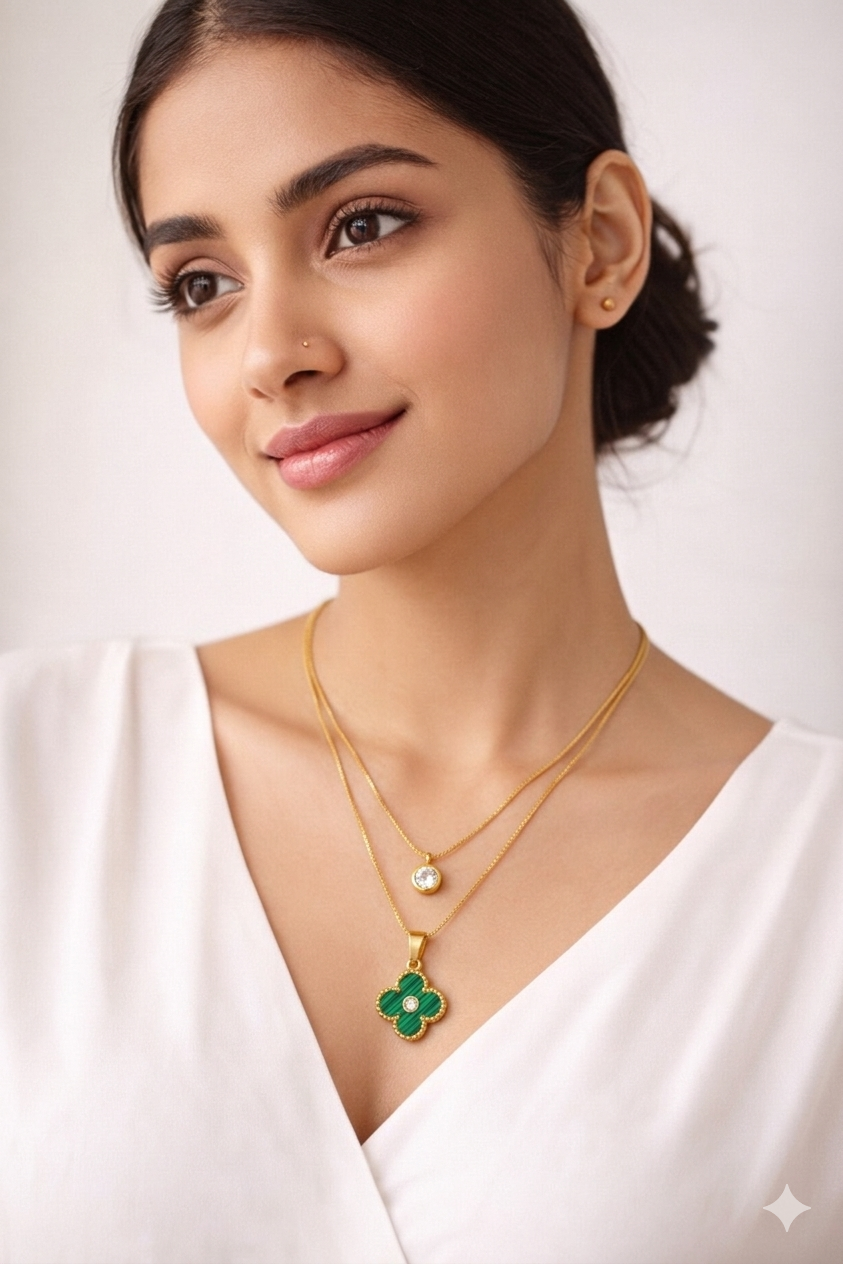 Gold Plated Clover Pendant Necklace for Women | Anti Tarnish Stainless Steel Double Layer Necklace | Green Clover Charm Pendant | Trendy Minimal Jewelry Gift for Girls & Women