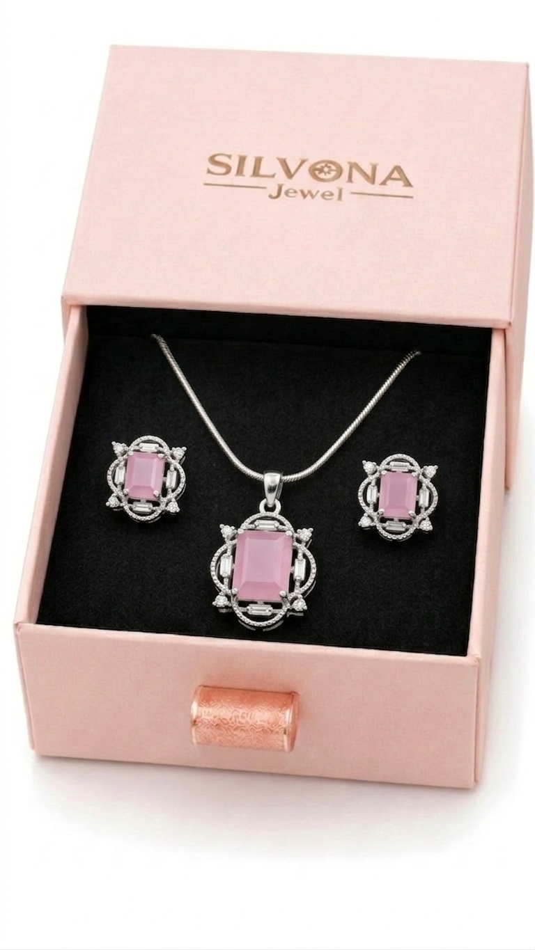 Elegant Pink American Diamond Pendant Set for Women | Silver Polished Brass Jewelry Set with Matching Earrings | Premium Designer Party & Wedding Necklace Set