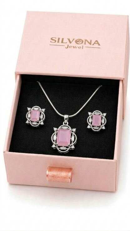 Elegant Pink American Diamond Pendant Set for Women | Silver Polished Brass Jewelry Set with Matching Earrings | Premium Designer Party & Wedding Necklace Set