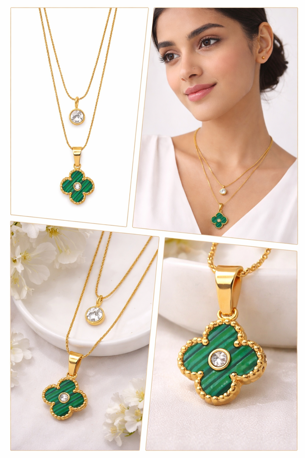 Gold Plated Clover Pendant Necklace for Women | Anti Tarnish Stainless Steel Double Layer Necklace | Green Clover Charm Pendant | Trendy Minimal Jewelry Gift for Girls & Women