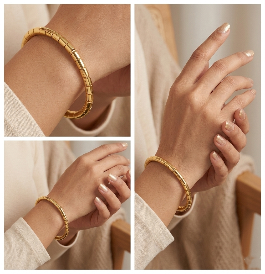 Gold Plated Bracelet for Women – Anti Tarnish Adjustable Open Cuff Bangle, Waterproof Hypoallergenic Minimalist Jewelry with Side Opening Design