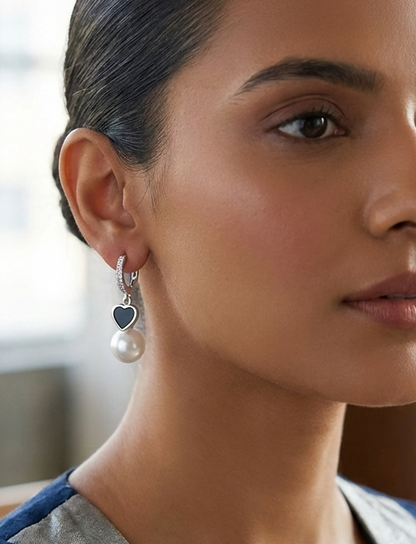 Pearl Drop Earrings with Black Enamel Heart, Silver Color Huggie Hoop Dangle Earrings