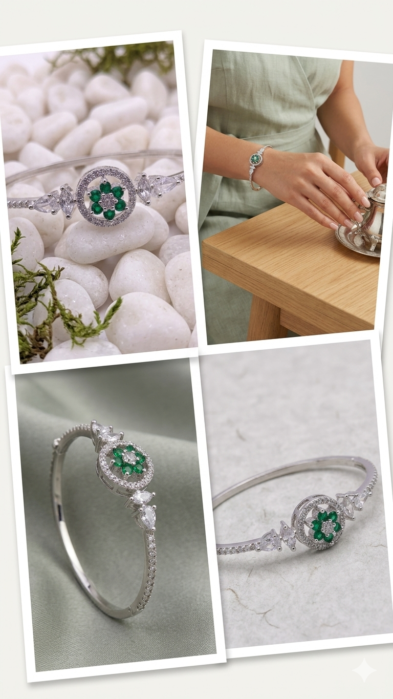 American Diamond Silver Polish Bracelet for Women | Premium Brass Kada | Elegant AD Stone Bangle | Adjustable Luxury Bracelet