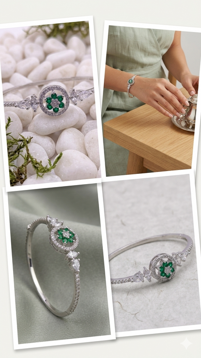 American Diamond Silver Polish Bracelet for Women | Premium Brass Kada | Elegant AD Stone Bangle | Adjustable Luxury Bracelet