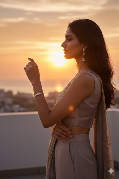 Woman in a beige outfit standing on a rooftop at sunset wearing silvona jewel bracelet