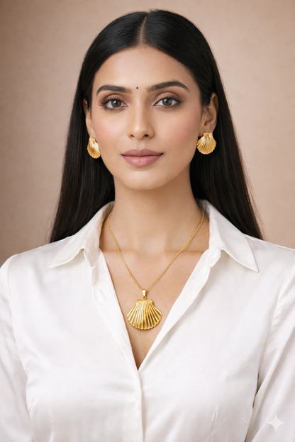 Woman wearing gold jewelry against a beige background