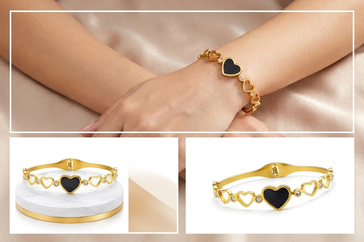 Gold Polished Heart Design Bracelet for Women | Anti Tarnish Stainless Steel Love Bracelet | Elegant Black Heart Charm Bangle | Waterproof Fashion Jewelry for Girls | Daily Wear Gift for Wife Girlfriend