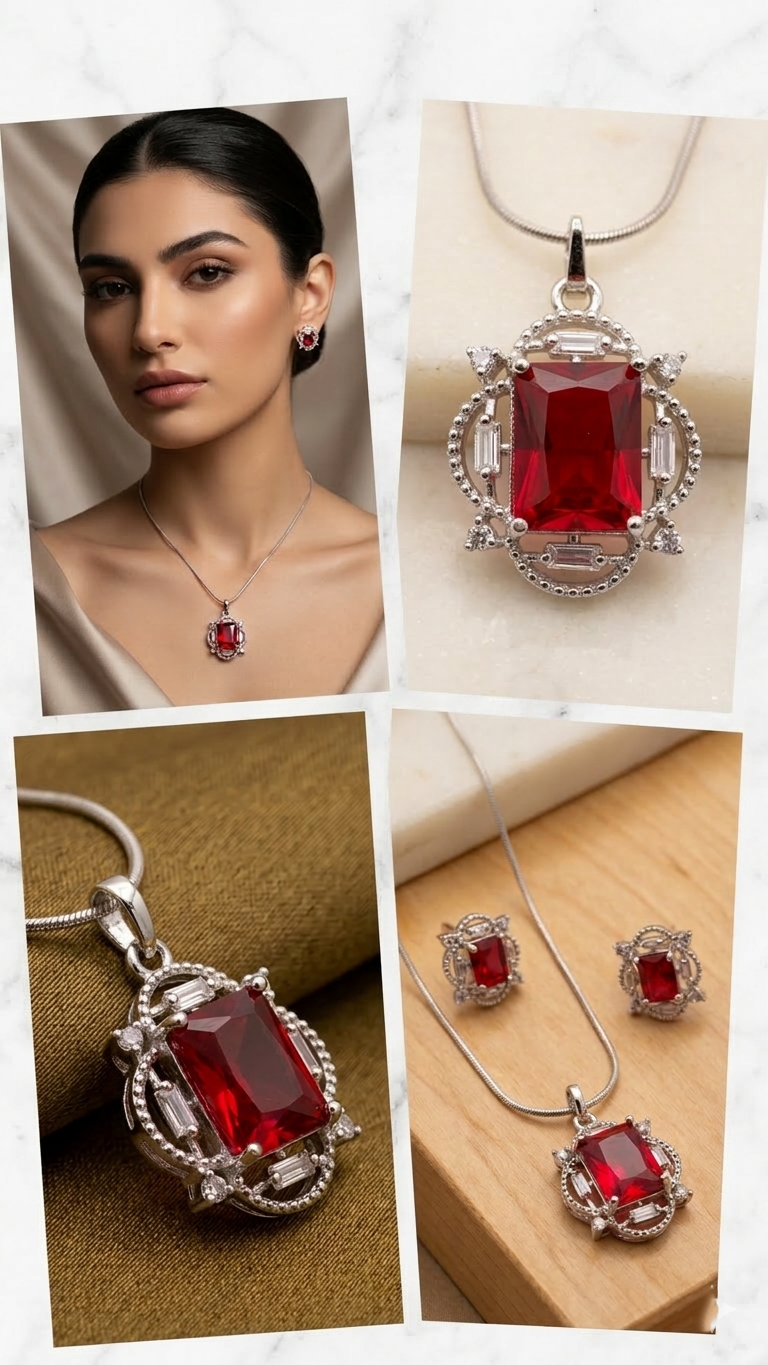 Elegant Pink American Diamond Pendant Set for Women | Silver Polished Brass Jewelry Set with Matching Earrings | Premium Designer Party & Wedding Necklace Set